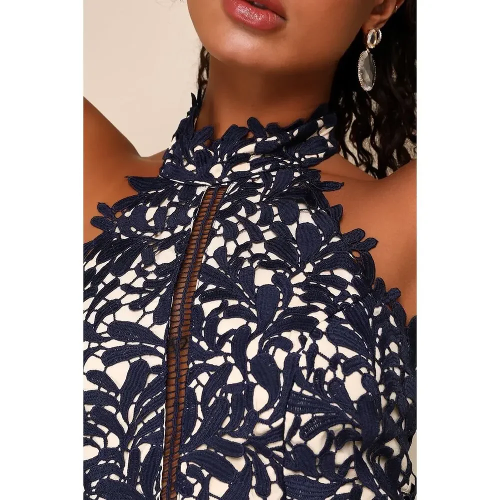 Lulus Divine Destiny Navy Blue Lace Midi Dress halter